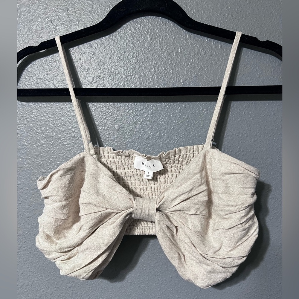 MABLE Women’s Strappy Cropped Top Oatmeal Adj Straps Elastic Back EUC Sz L Linen